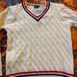 S. Christina White V-Neck Sweater with Red and Blue Trim 80% wool